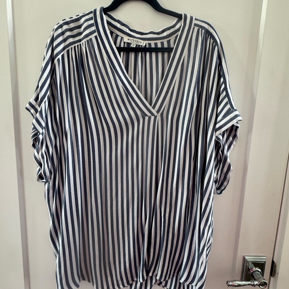 Workshop Republic Clothing Navy and White Striped V-Neck Blouse